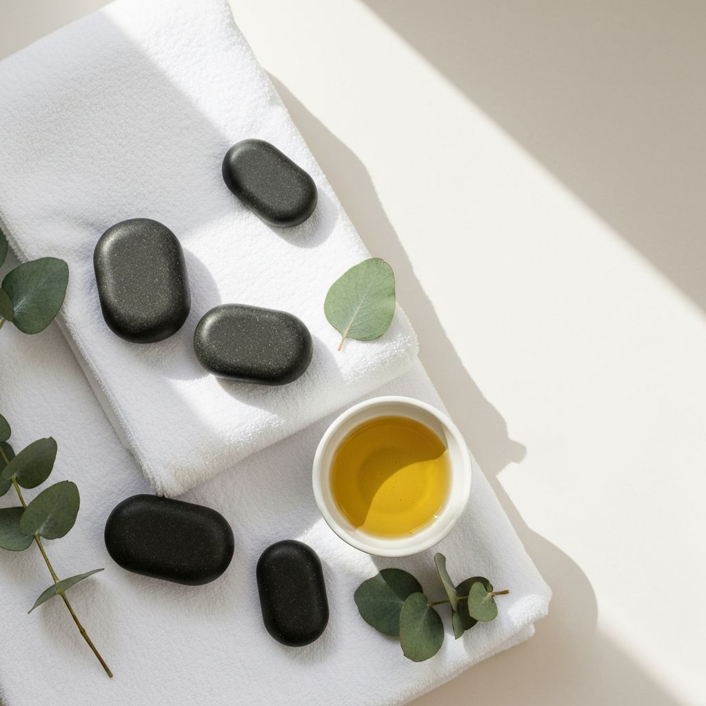 Hot stones and eucalyptus leaves arranged on white linen for massage therapy
